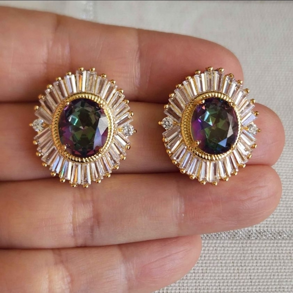 New 18K Gold Plated Oval Cut Mystic Topaz Baguette Diamond Stud Earrings